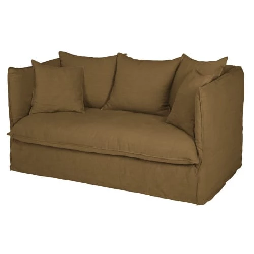 Maisons Du Monde Housses De Canapé Housse De Canapé 2 Places En Lin Froissé Marron Havane – Image 2
