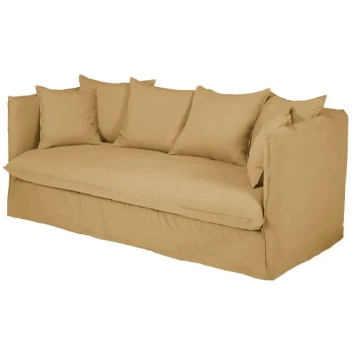 Maisons Du Monde Housses De Canapé Housse De Canapé 3/4 Places En Lin Froissé Ocre – Image 2