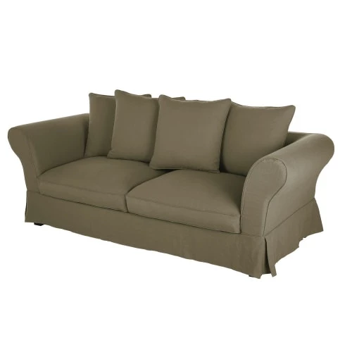 Maisons Du Monde Housses De Canapé Housse De Canapé Convertible 3/4 Places (12 Cm) En Lin Froissé Vert Kaki – Image 3