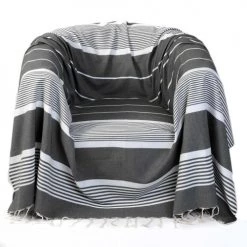 Fouta Futée Housses De Fauteuil Jeté Fauteuil Coton Anthracite Rayures Blanches 200 X 200