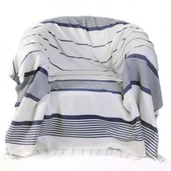 Fouta Futée Housses De Fauteuil Jeté Fauteuil Coton Fond Blanc Rayures Bleu Roi 200 X 200